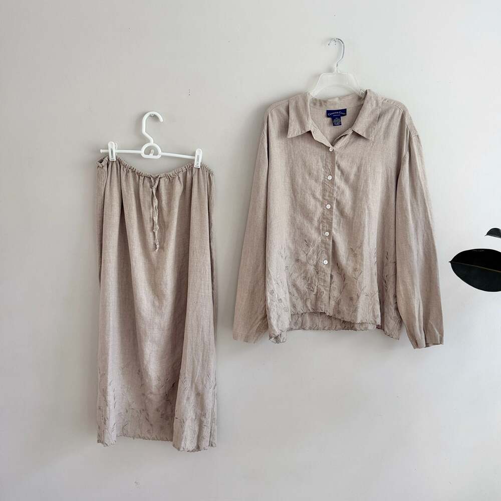 Charter Club 1X/2X Beige Linen Embroidered Button-Down Shirt Midi Skirt Set